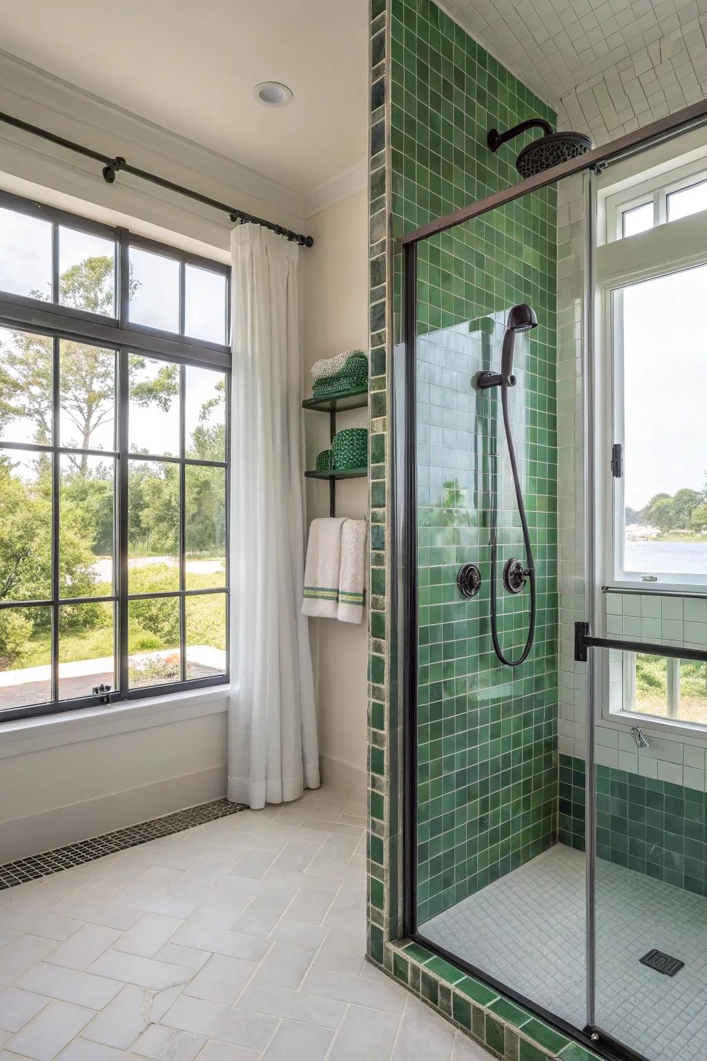 Verdant accent tiles usher in an invigorating and lively ambiance to your shower space.