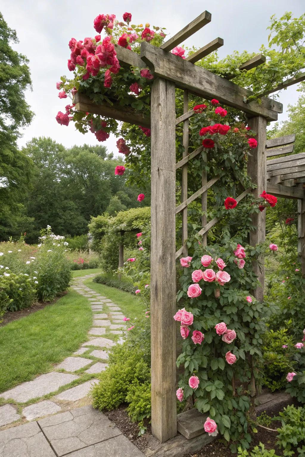 A rustic trellis embellished with blooming roses.