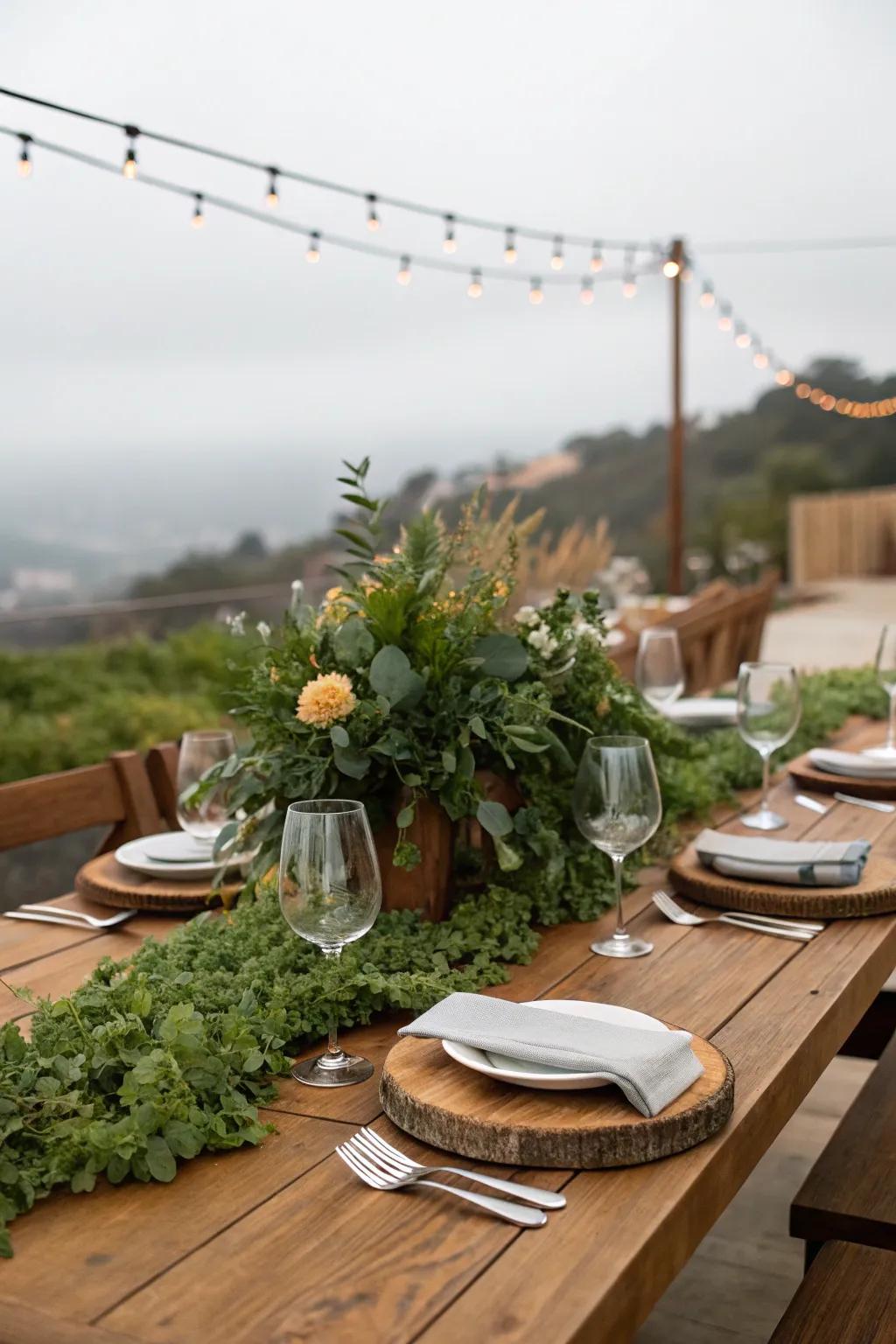 Organic charm with rustic elements and greenery.