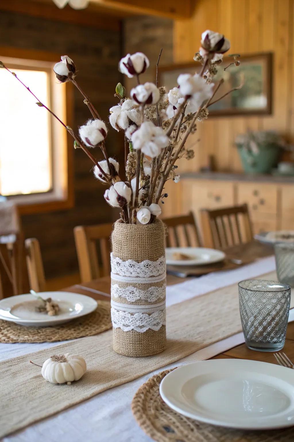 Farmhouse charm with burlap, lace, and cotton stems.