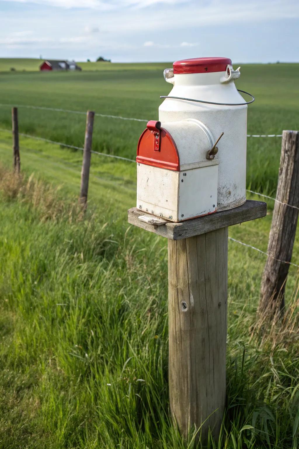 A dairy can mailbox pays tribute to the agricultural past.