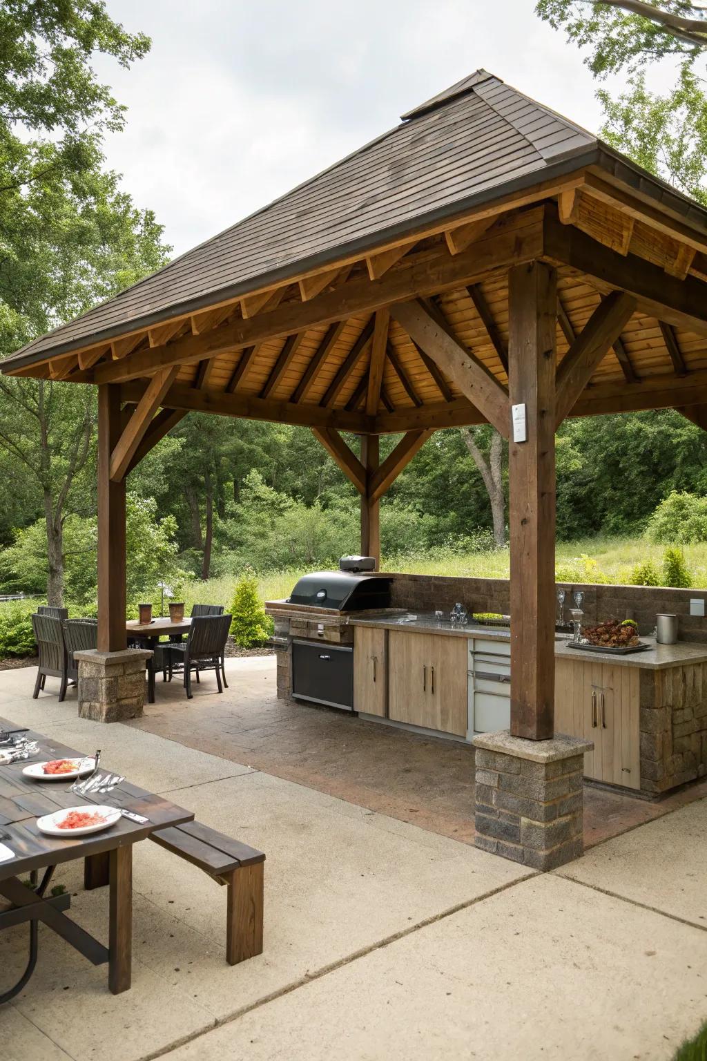 A grand pavilion-style shelter creating an open-air grilling experience.