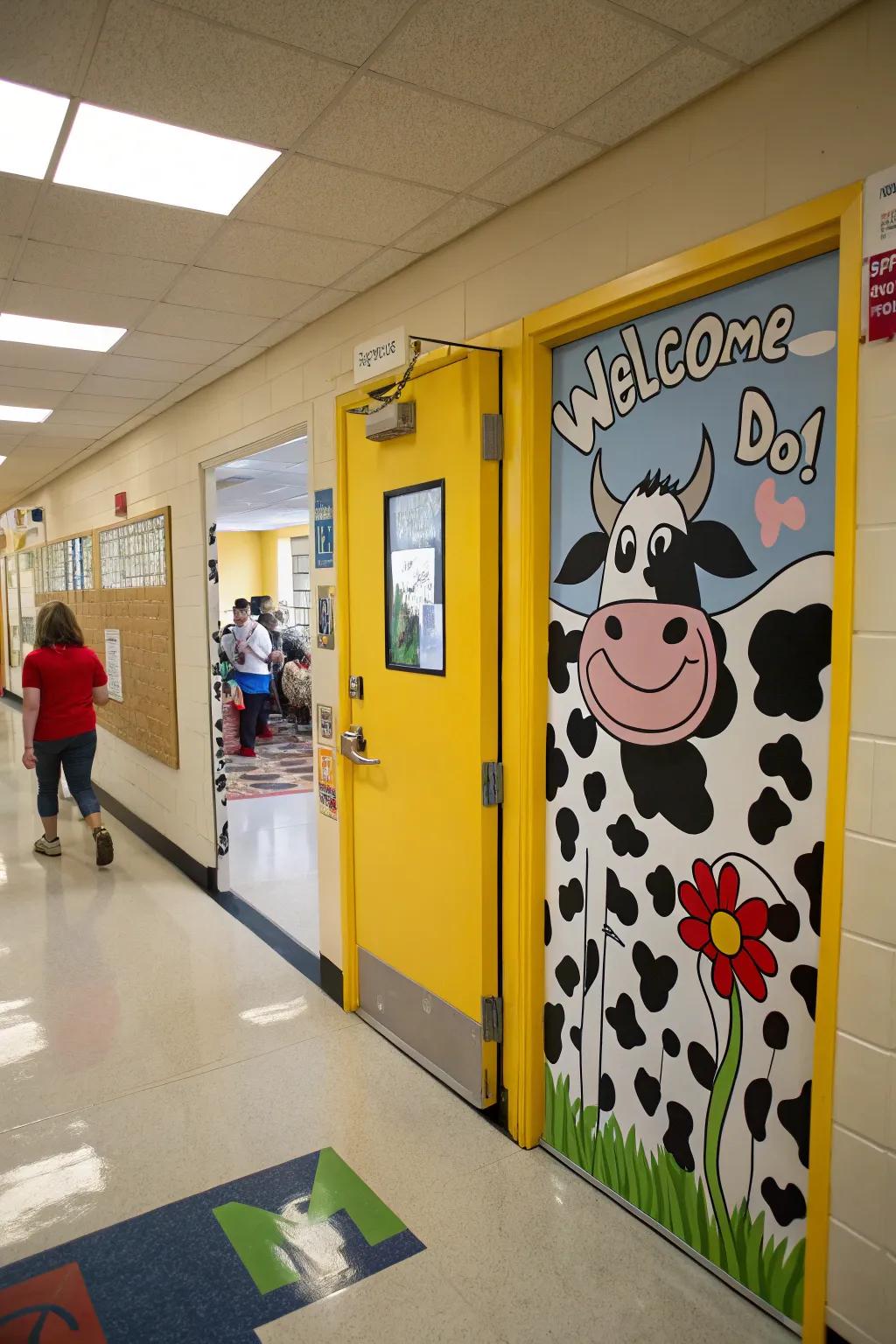 A 'Welcome to Our Mooo-gnificent Classroom' door decor