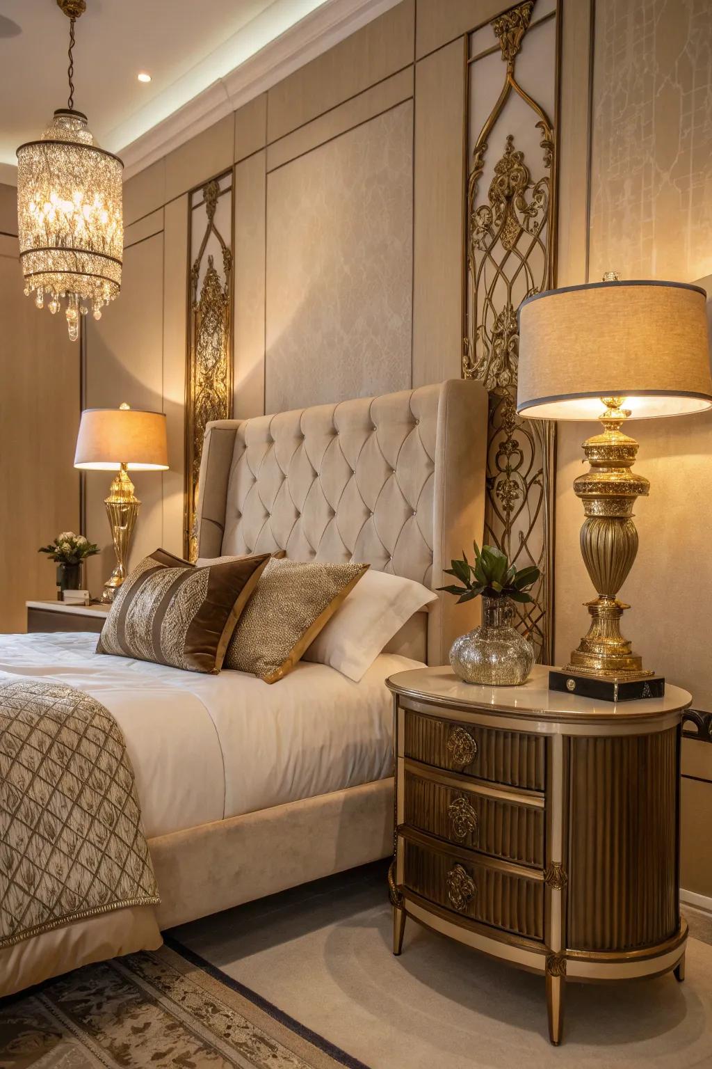 A stylish bedroom featuring brass accents and a warm, inviting glow.