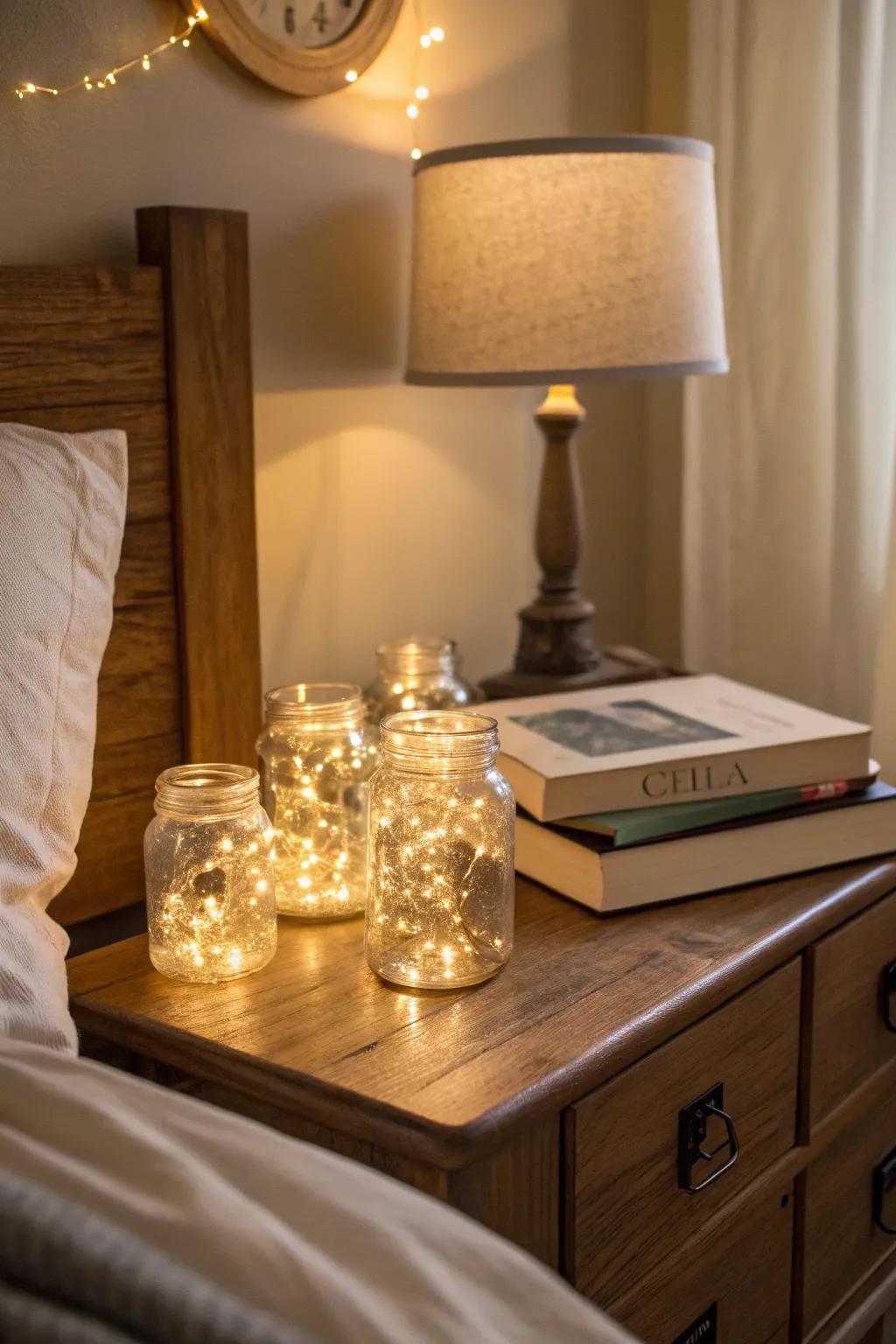 Glass containers loaded with twinkle lights on top of a nightstand.