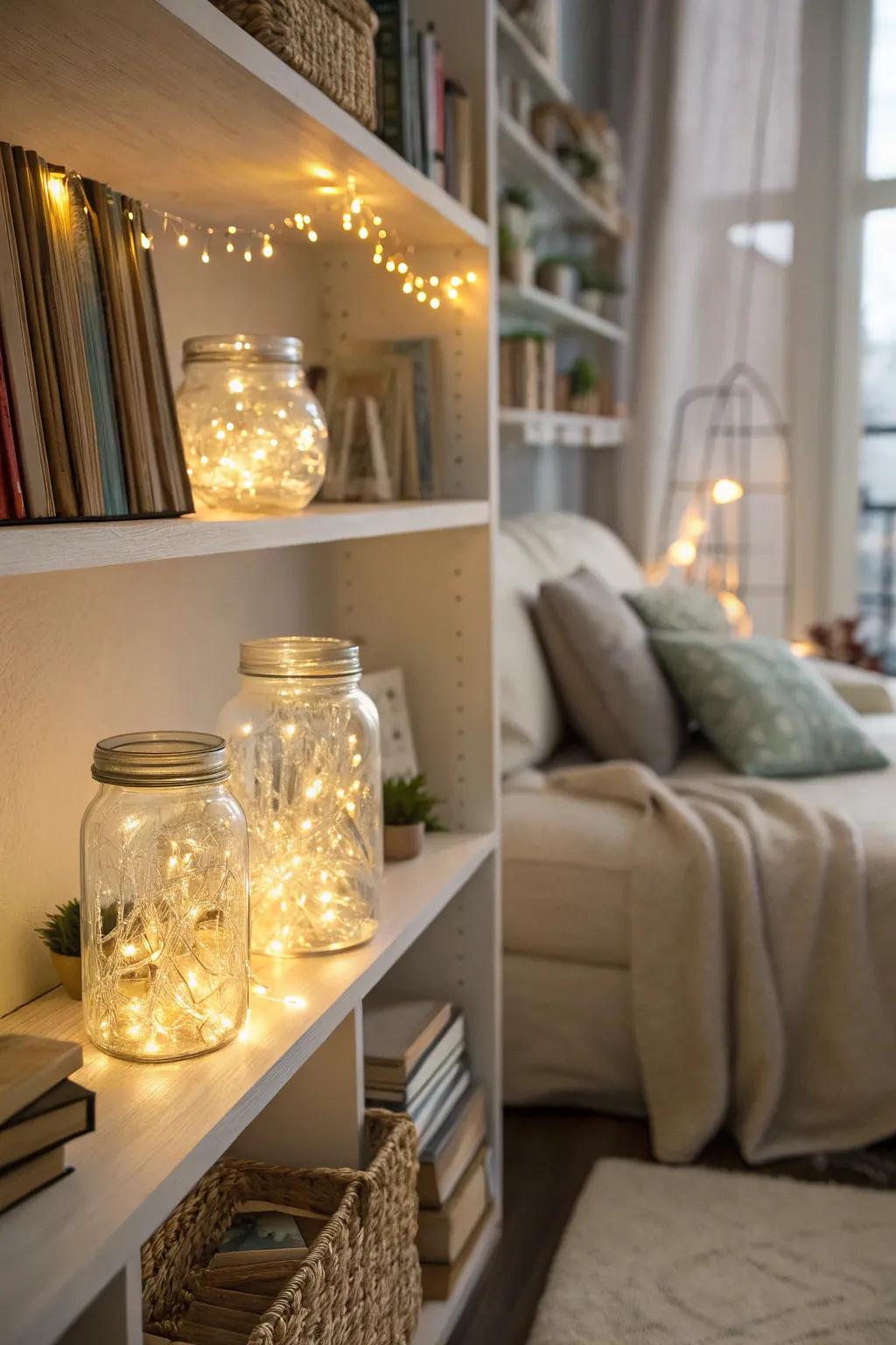 Twinkle lights in containers create charming shining features.