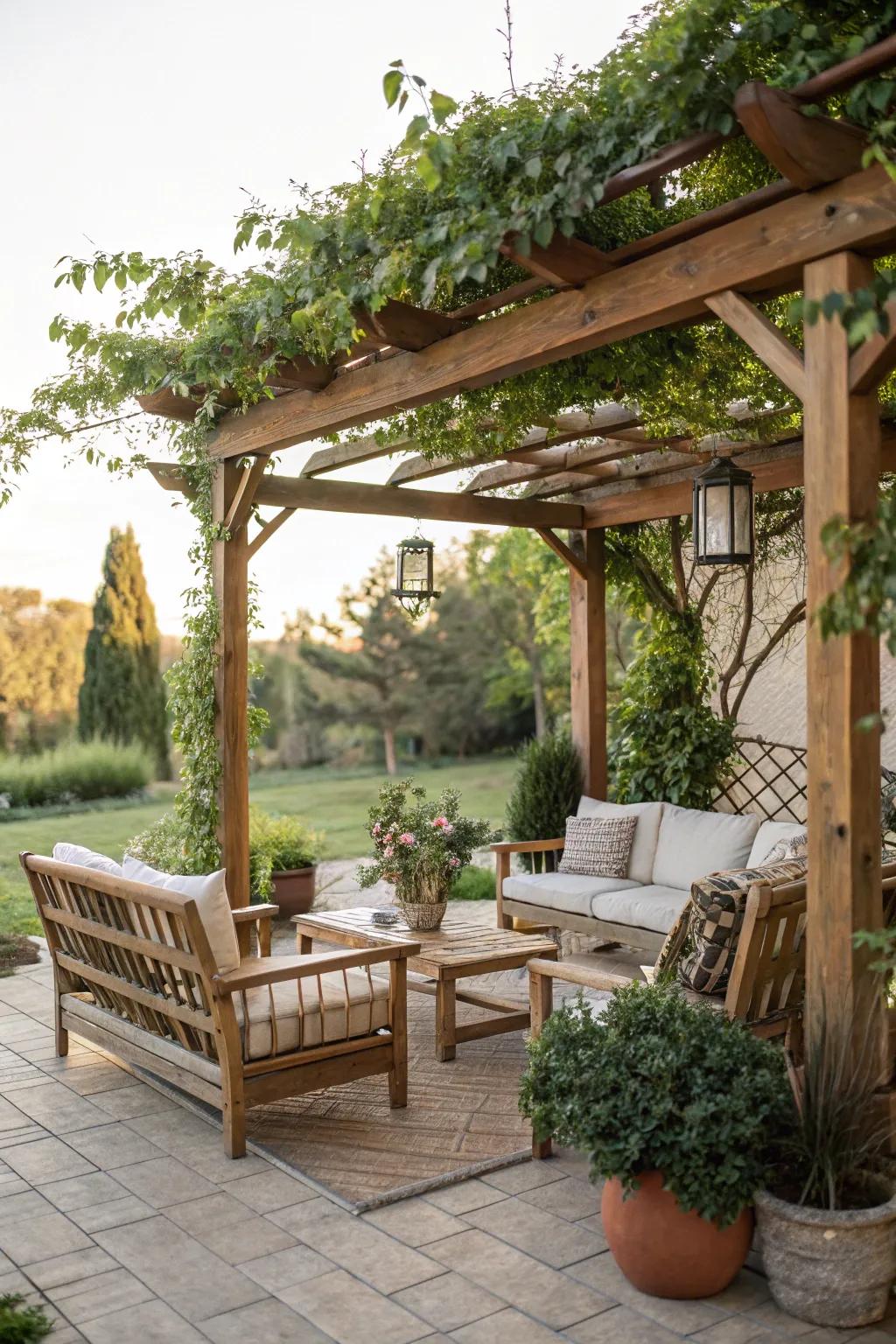 A pergola creates a comfortable, shaded retreat.