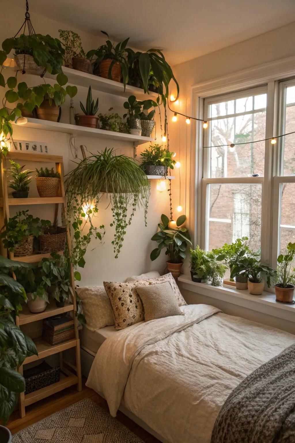 Layered plants bring depth and a dynamic visual interest to your bedroom.