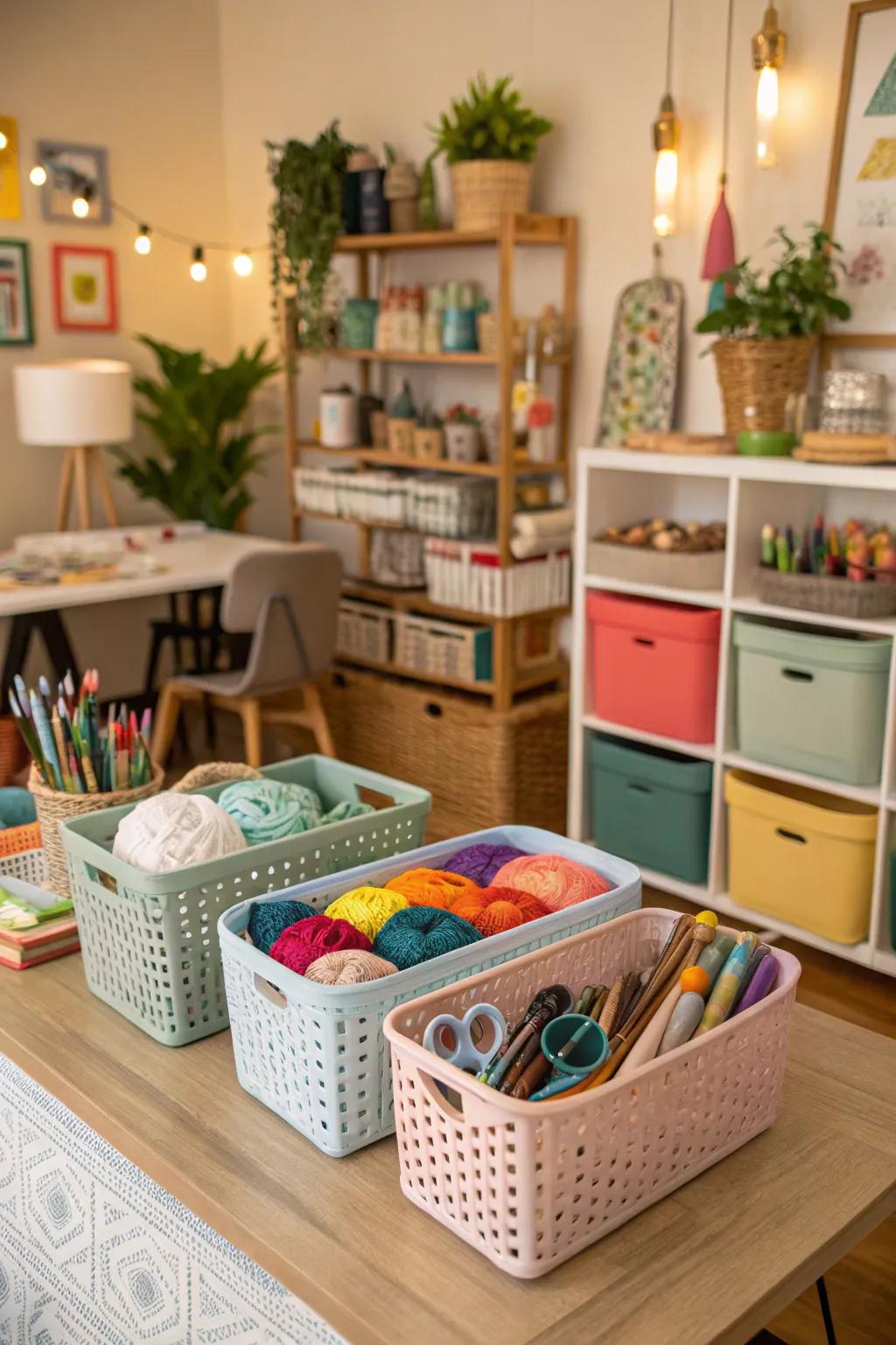 Baskets and bins efficiently categorize and store items.