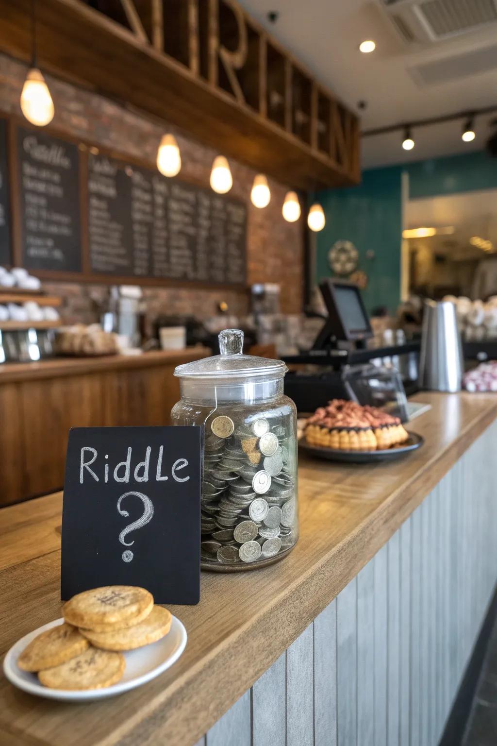 A tip container inviting customers to solve a puzzle