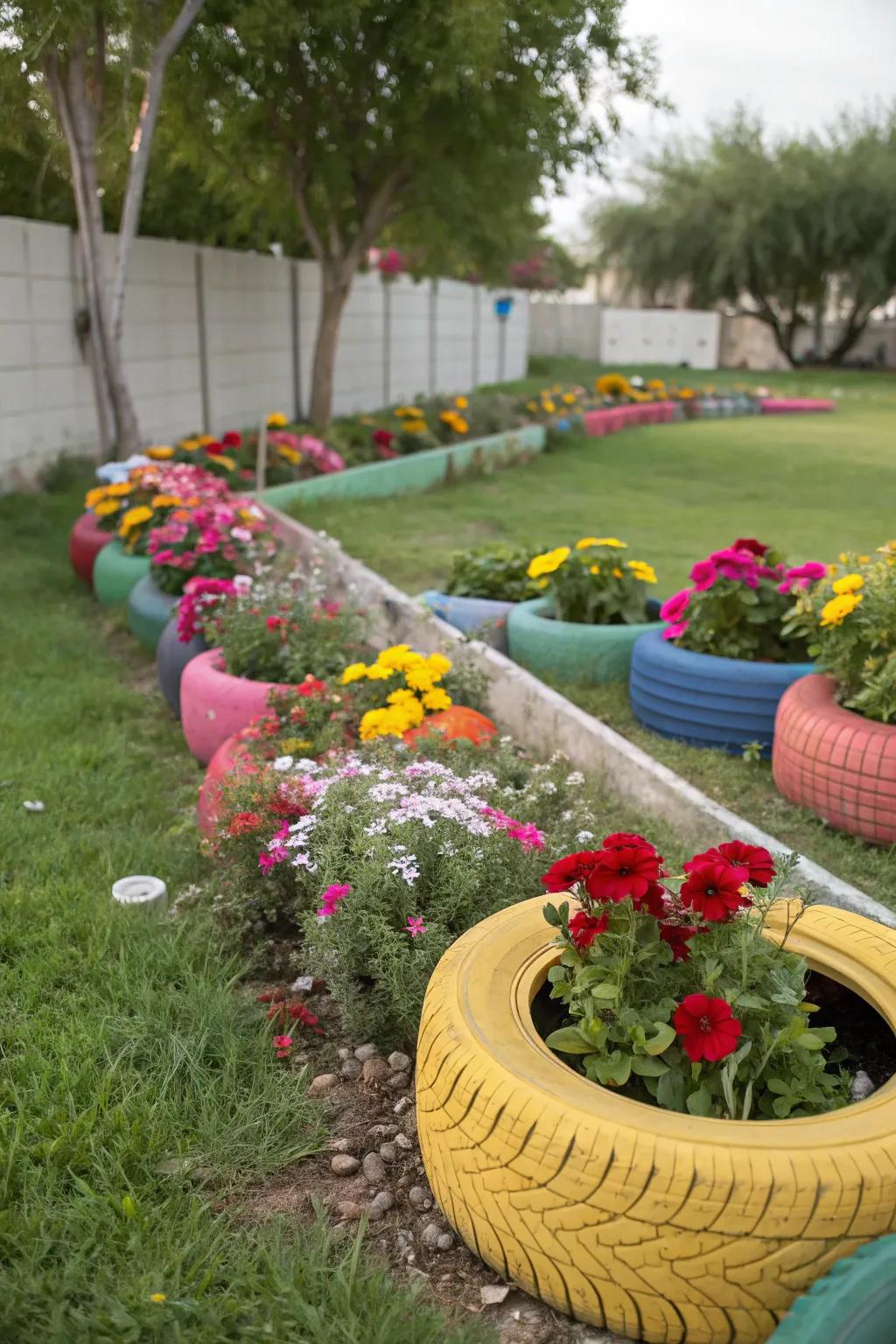 Eco-friendly tire borders defining garden areas.