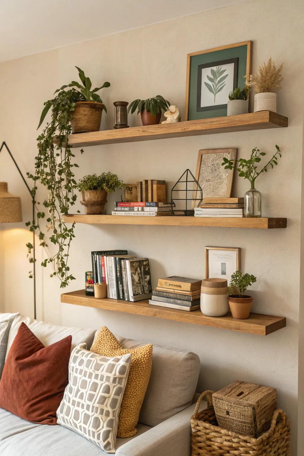 Floating shelves easily showcase decor and artwork.