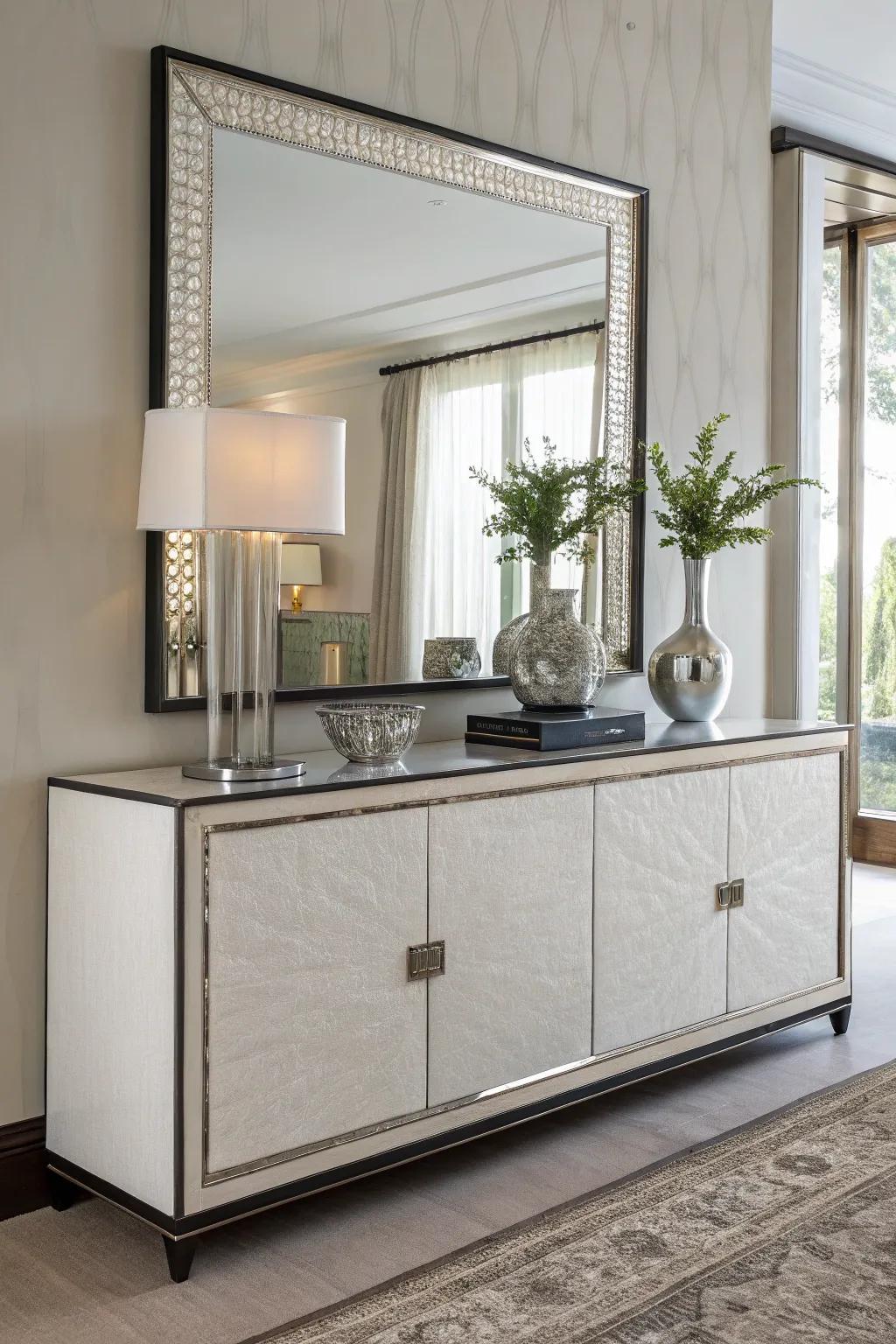 A sideboard beautifully complemented by a mirror.
