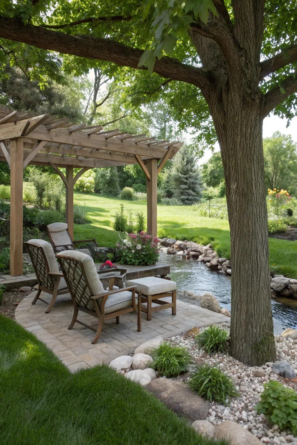 Covered seating spots offer a snug hideaway in your streamside landscape.