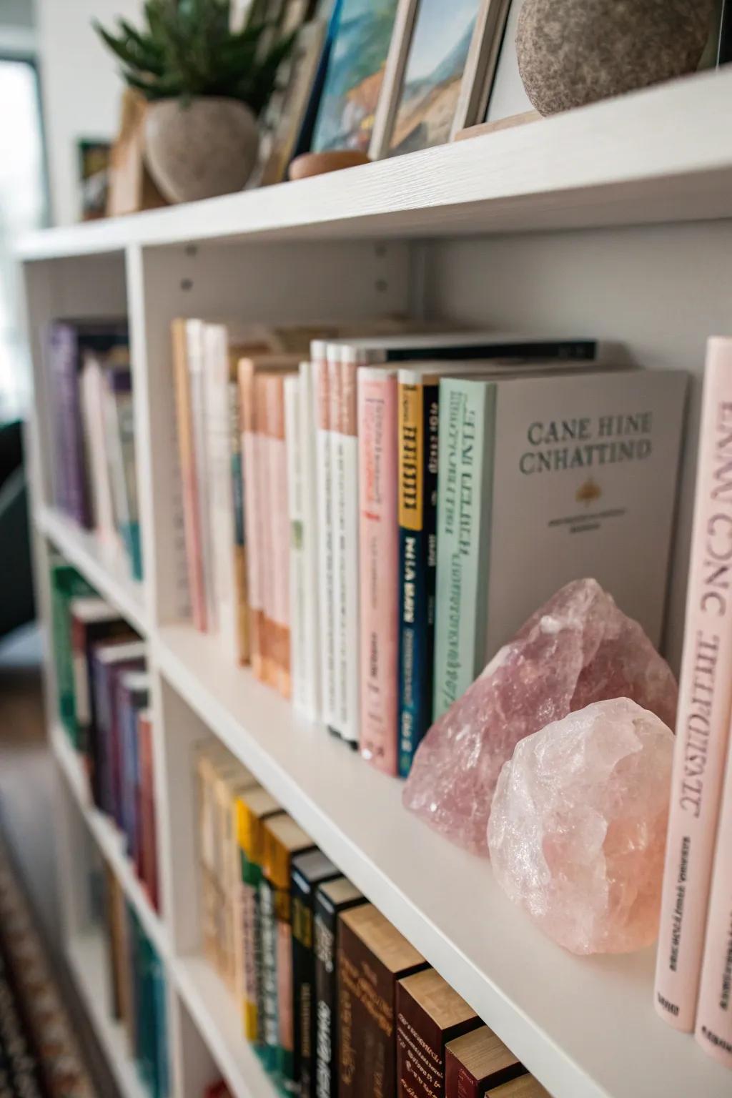 Bookshelves adorned with books and crystals for added charm.