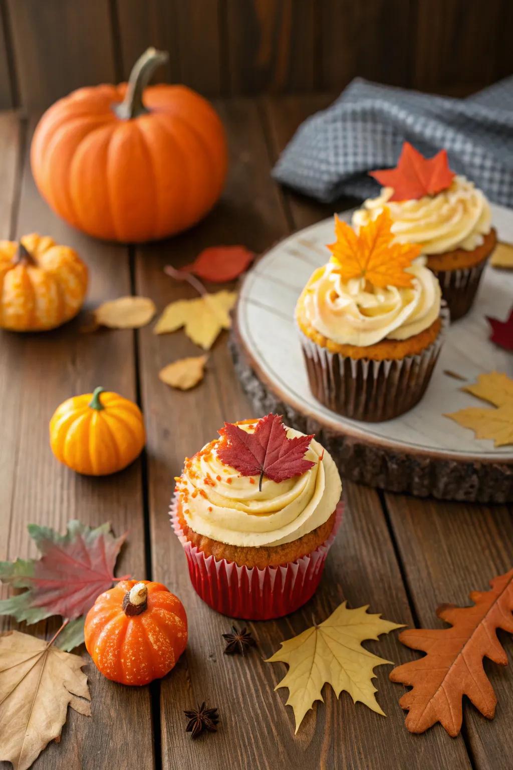Holiday accents bring a festive flair to the cupcake presentation.