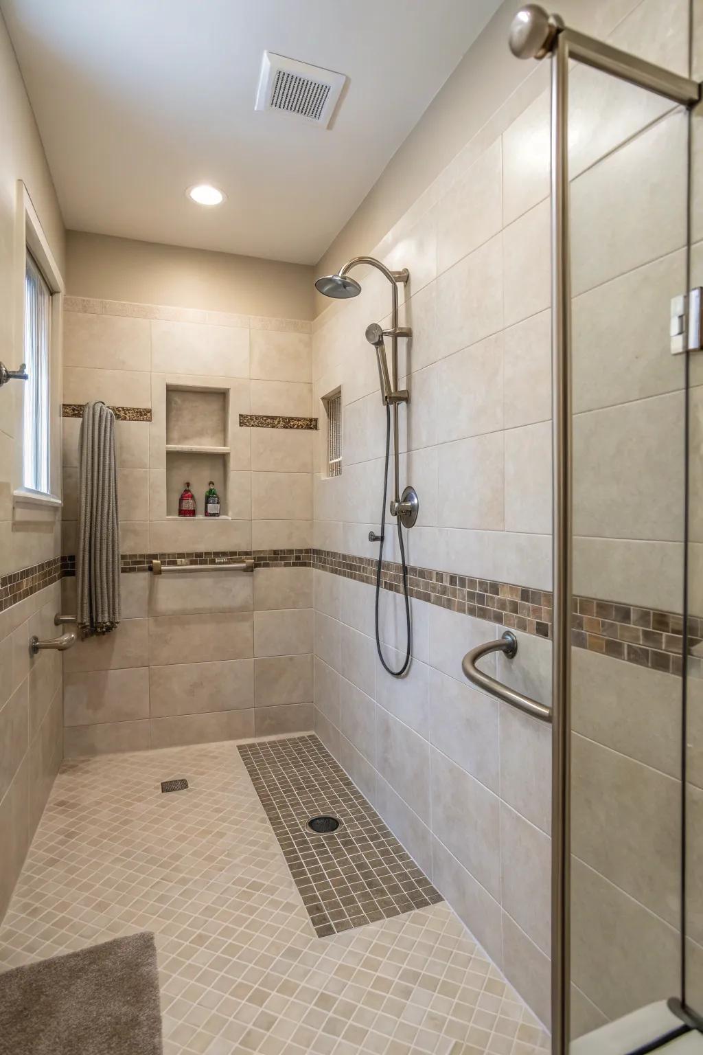 Ease of access meets style in this carefully designed shower without a curb.