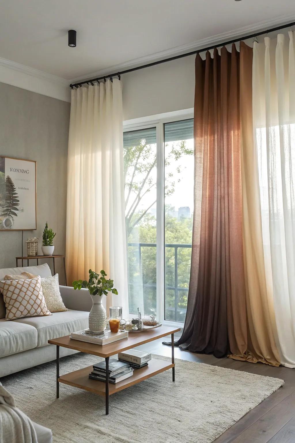 Gradient-dyed window coverings deliver a fashionable and refined appearance.