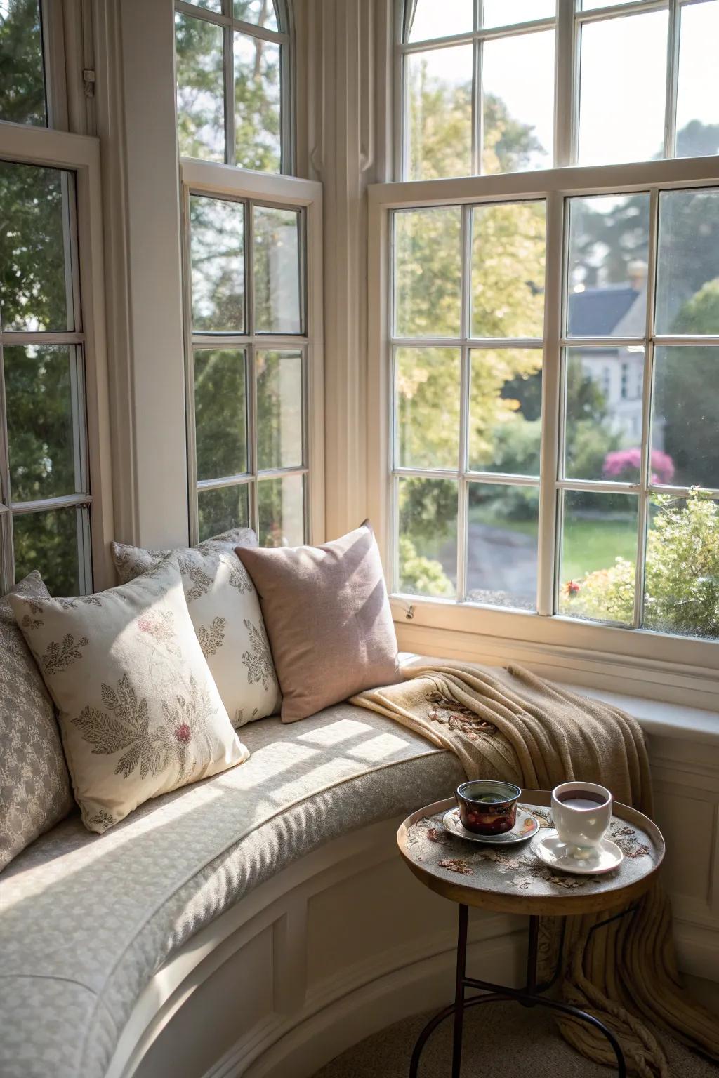 A quiet comfort area in an arched bay window.