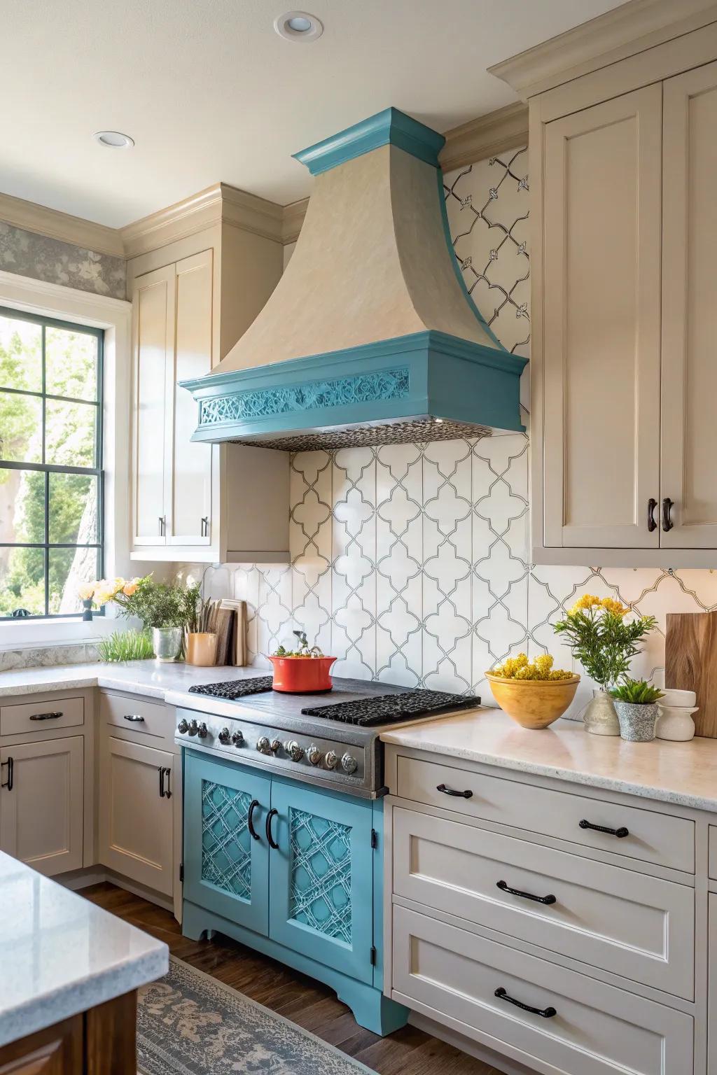 Brightly colored range hoods create an energetic focal point.
