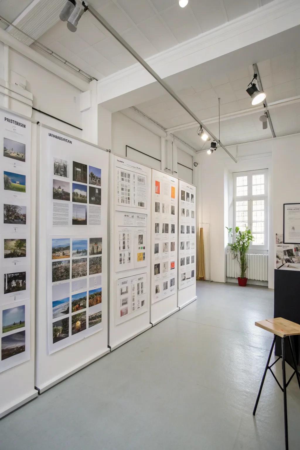 Posters in a neatly organized grid layout in a studio.
