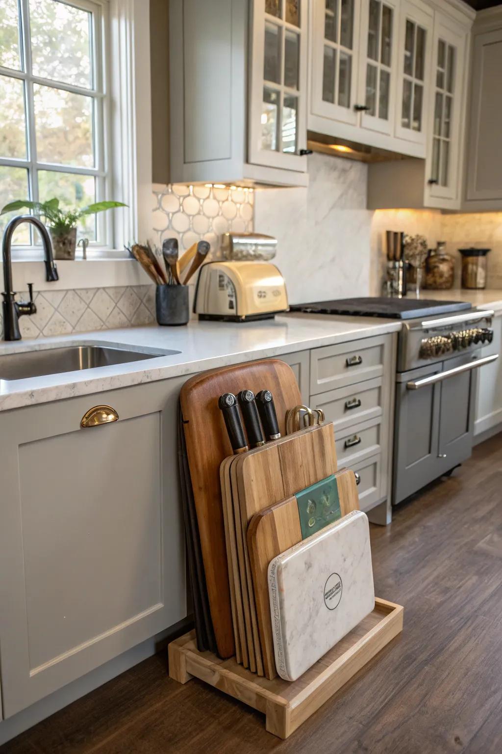 Custom design details adding chopping block storage.