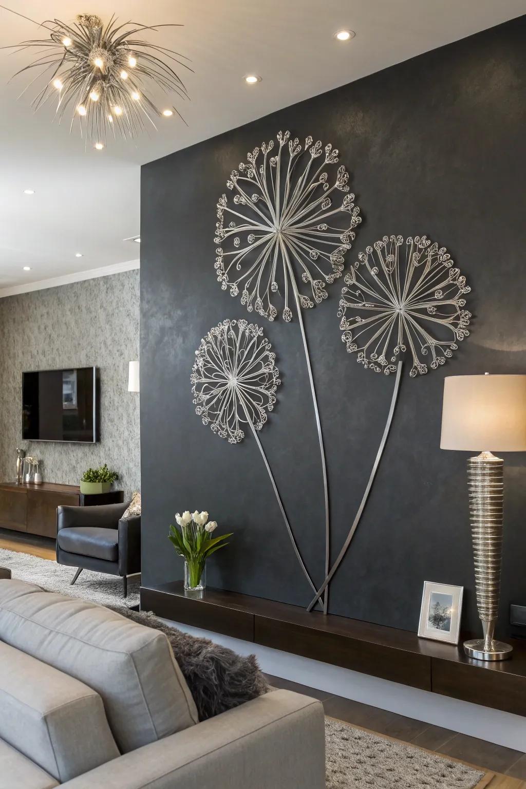 Metallic wall art brings a modern twist to dandelion d&eacute;cor.