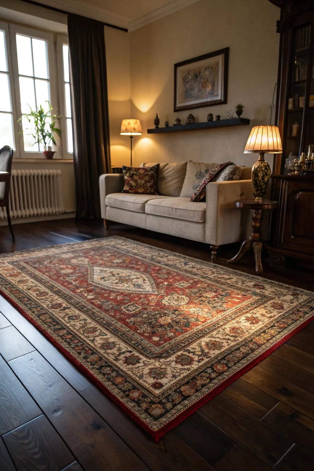 Oriental rugs introduce color and warmth to the living space.