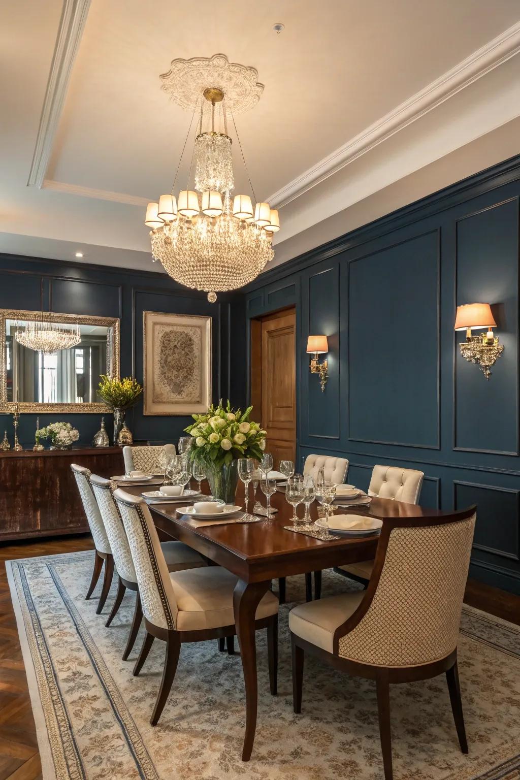 A deep blue highlight wall makes a striking statement.