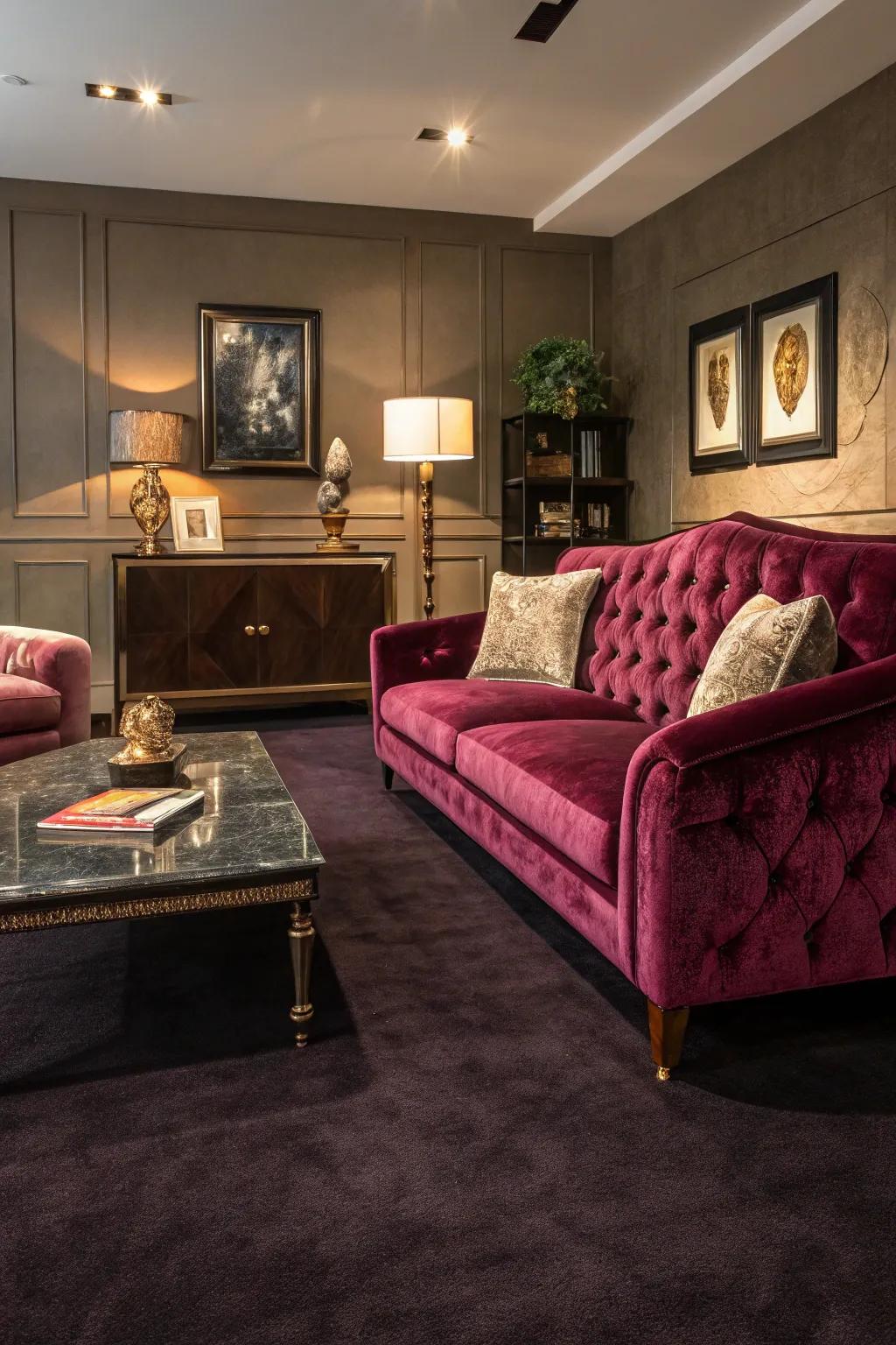 Luxurious materials enhance a dark floor covering's elegance.