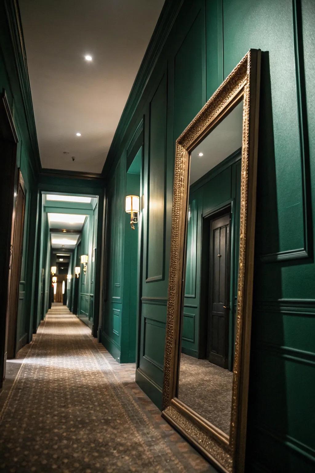 A reflector bounces light, enhancing the deep green hallway.