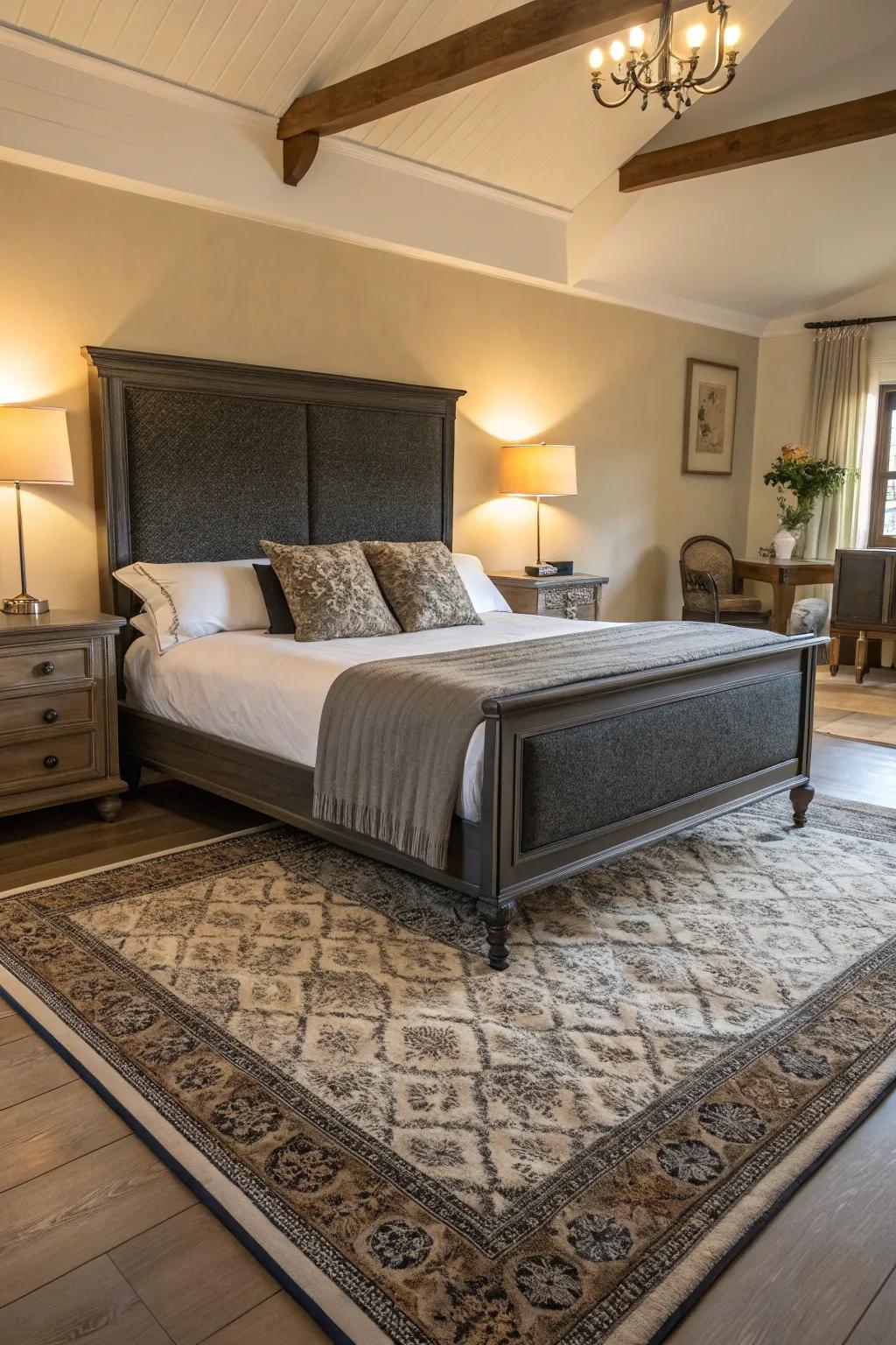 Deluxe details enhance the sophistication of a dark grey bed frame.