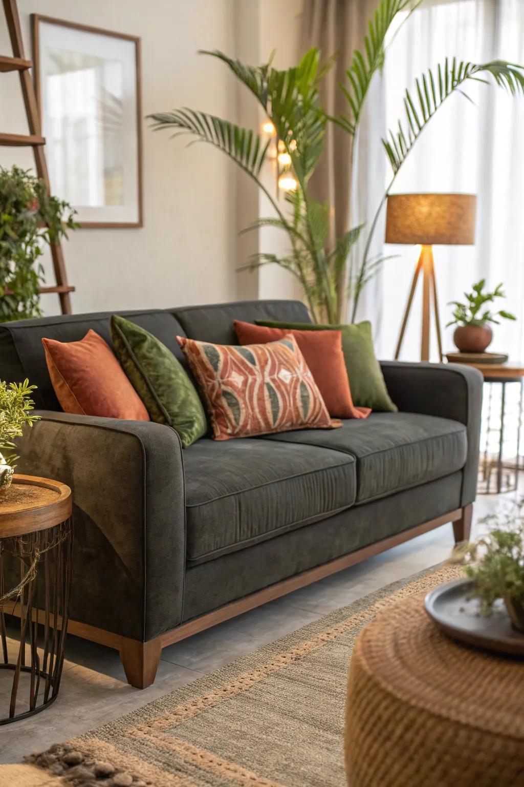 Organic hues offer grounding warmth to a dark grey couch.