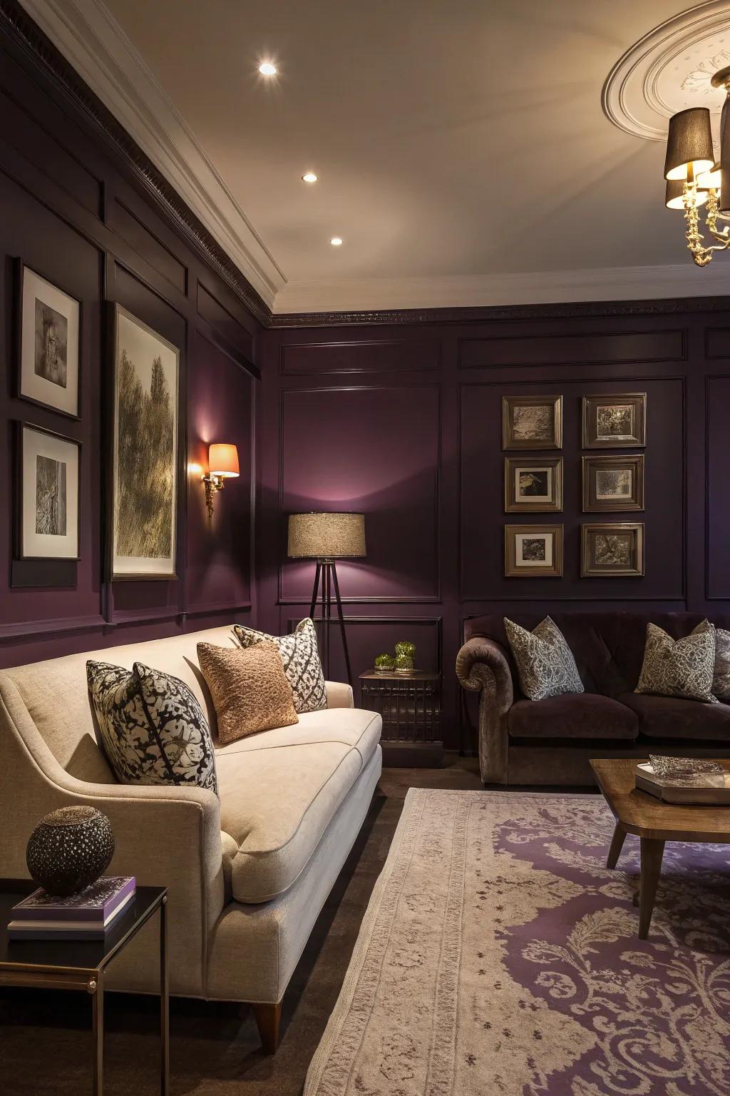 A deep violet feature wall enriches this stylish lounge with enhanced depth and emphasis.
