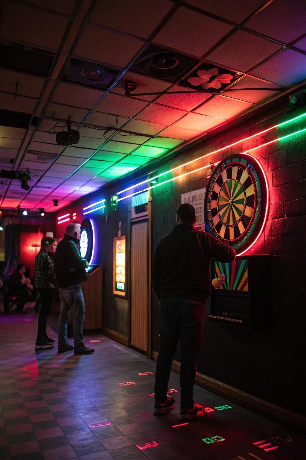 Modern lighting features add a vibrant dimension to your dart room.