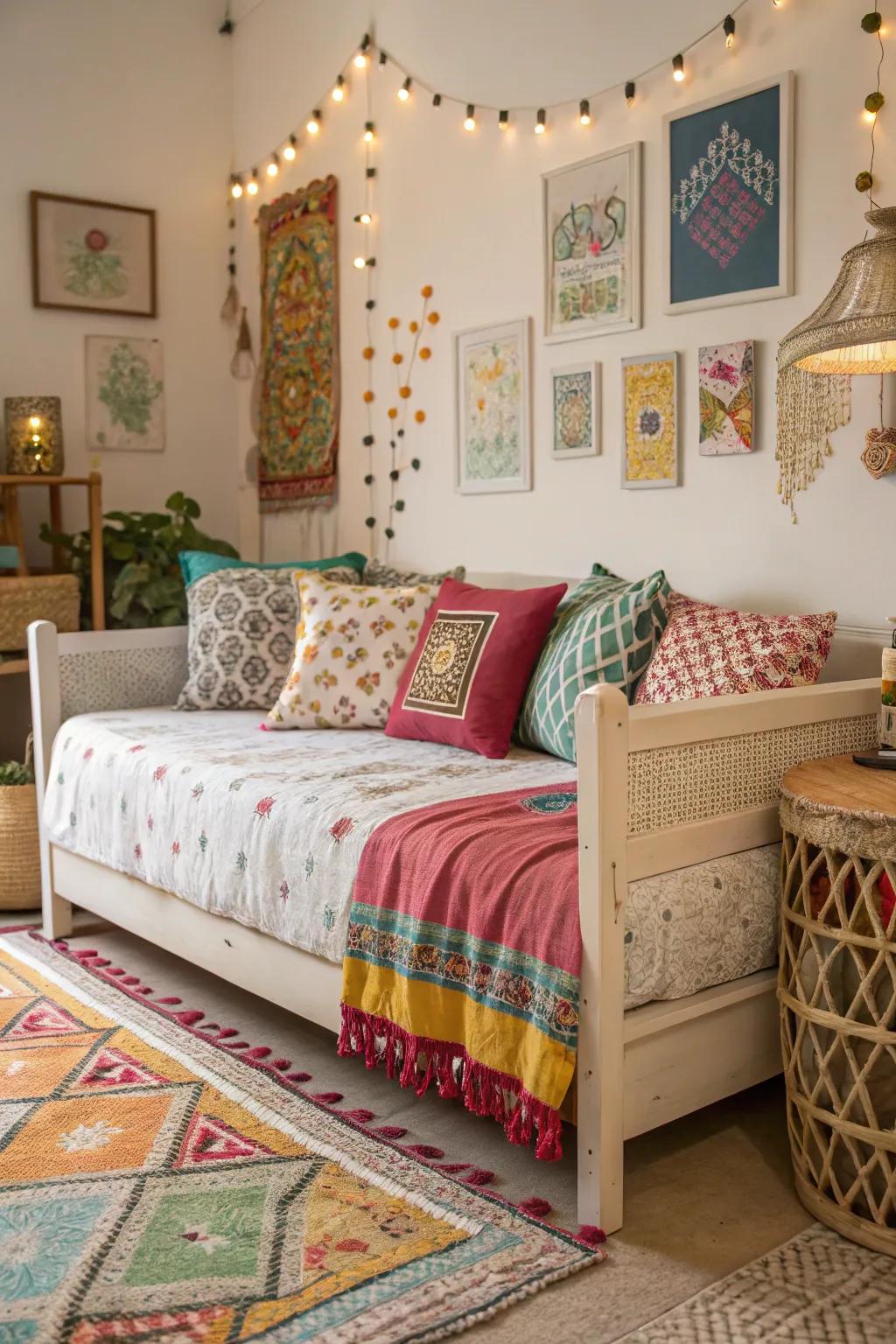 Varied mix of patterns and colors with a daybed