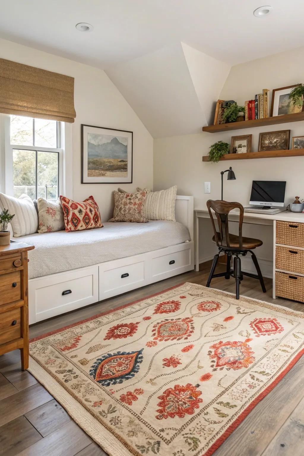 Floor coverings help define areas and add warmth to a multifunctional room.