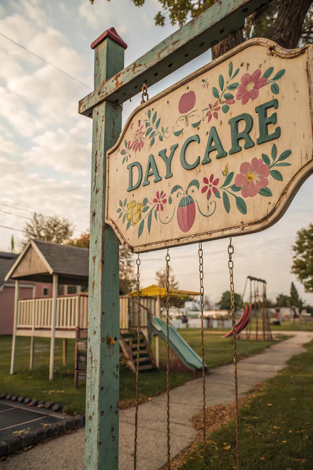 A sign inspired by vintage designs adds personality and charm to the daycare entrance.