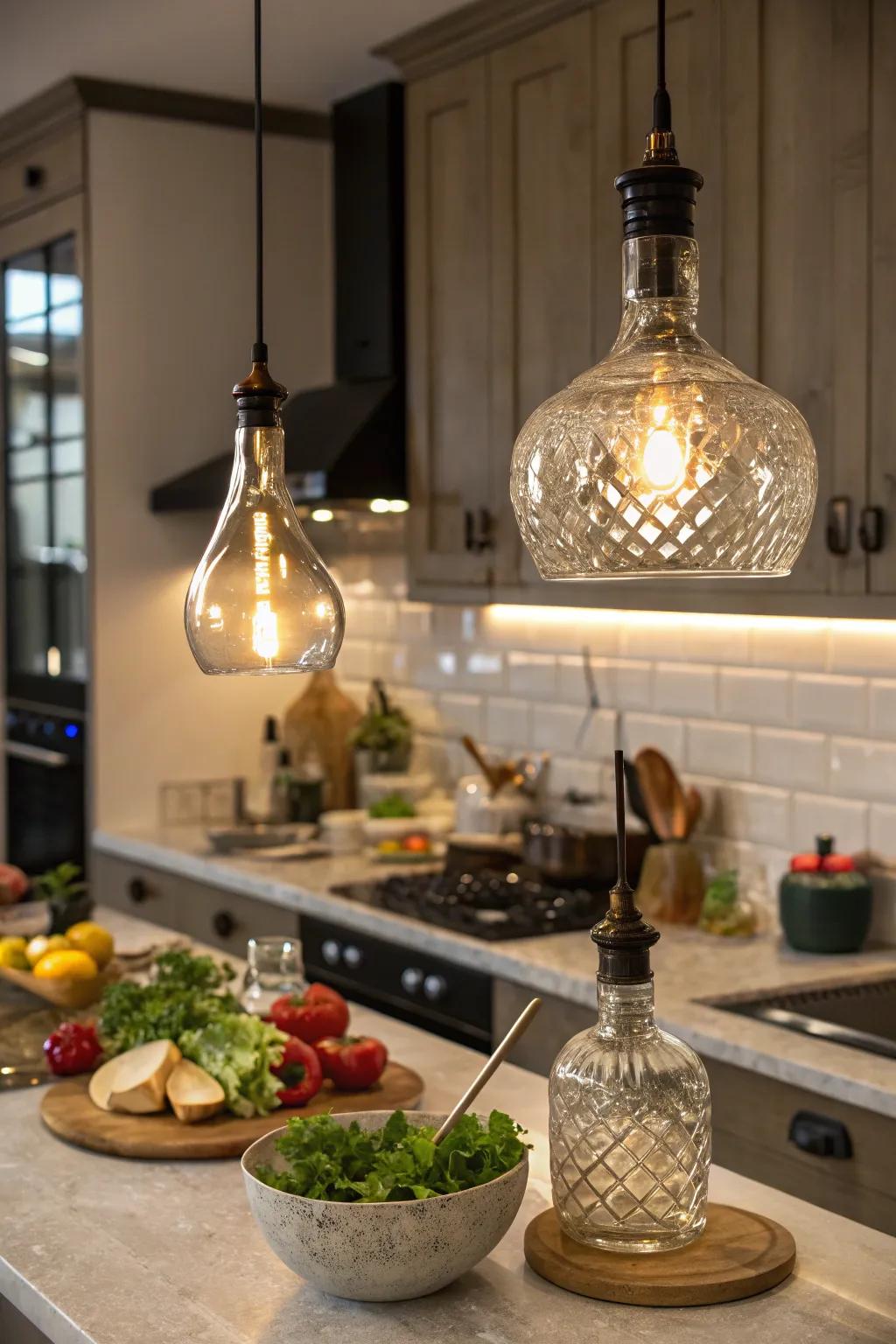 Unique pendant lights created from glass vessels.