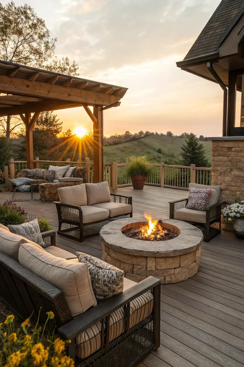 A sunken fire pit area creates an inviting and luxurious deck feature.