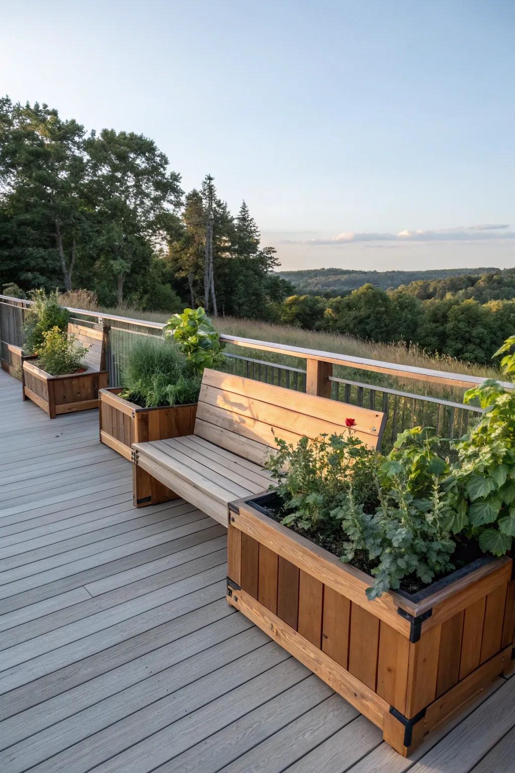 Private retreat with high-back benches and plant holders.