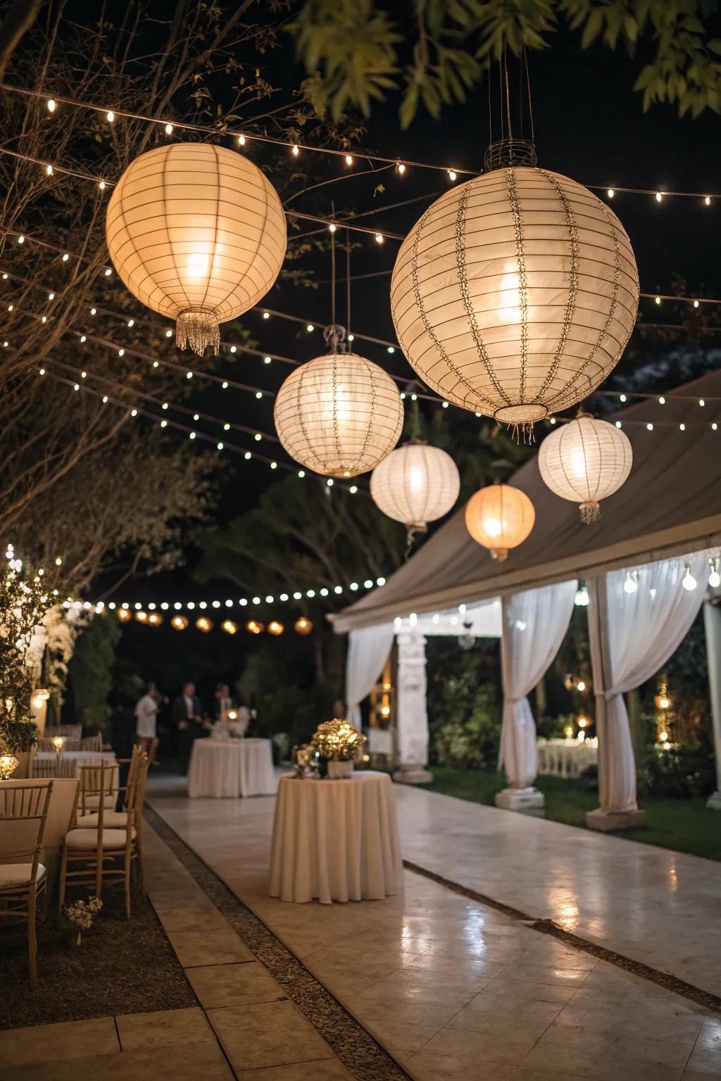 Suspended lanterns adding enchantment to a wedding venue.