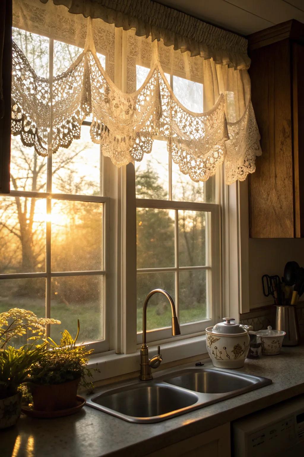 A lace drape enriches the kitchen with refinement and allure.