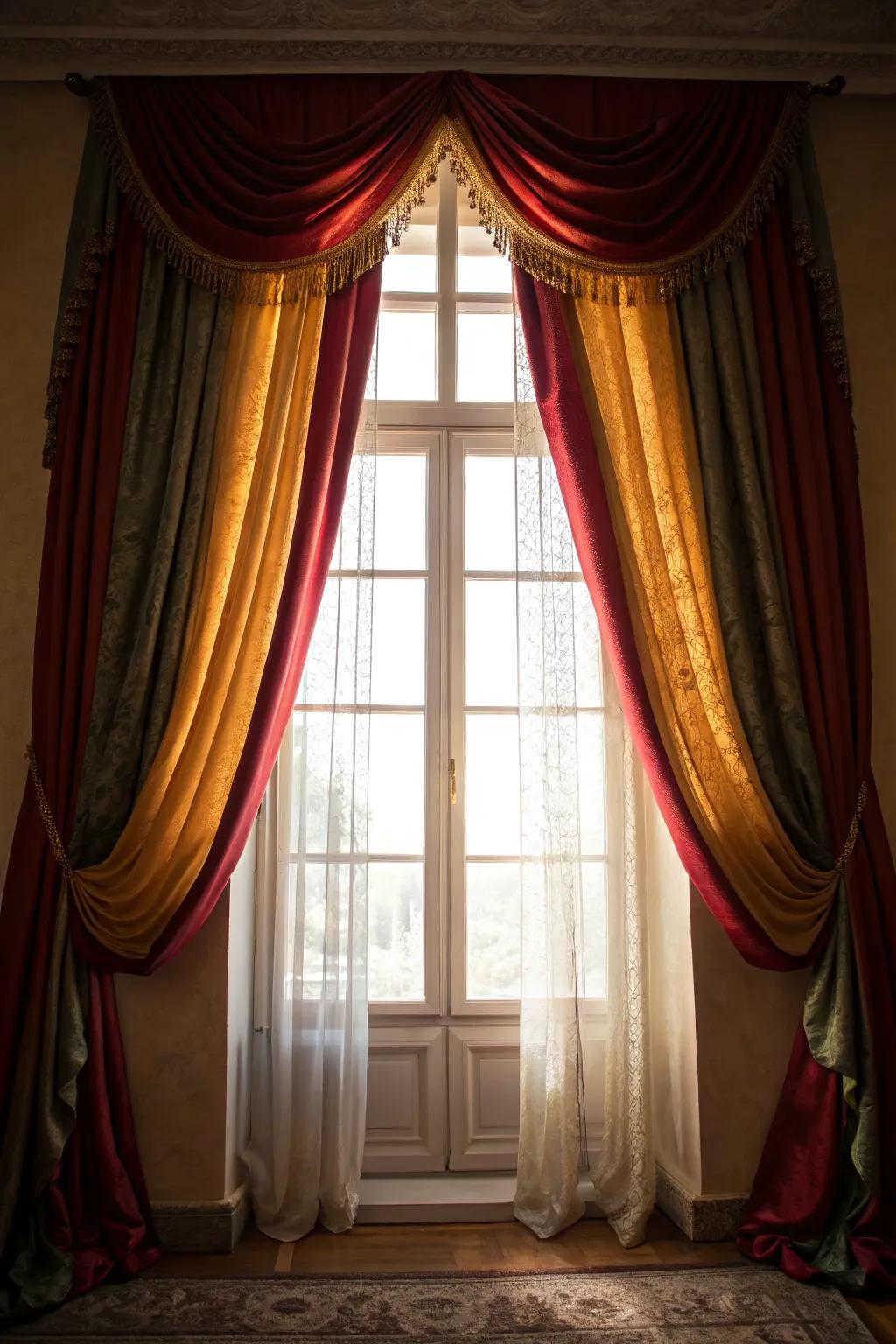Striking curtains frame windows and contribute a hint of sophistication and boldness.
