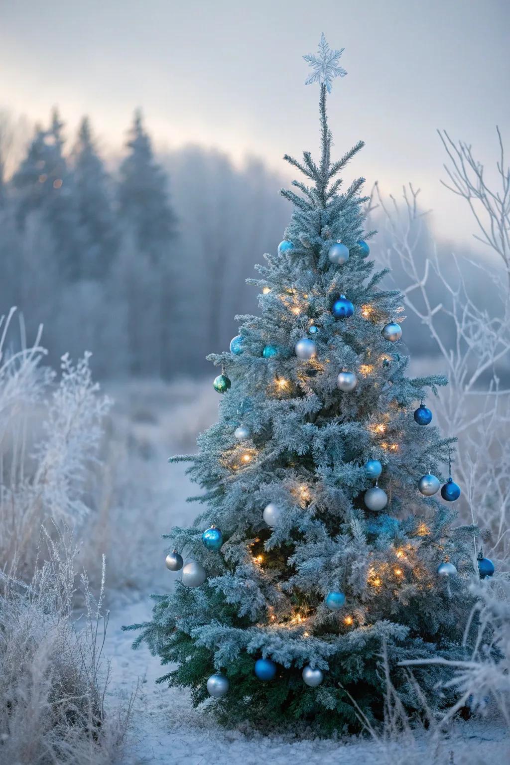 A chilled wonderland Christmas tree with icy lights and crystal decorations.