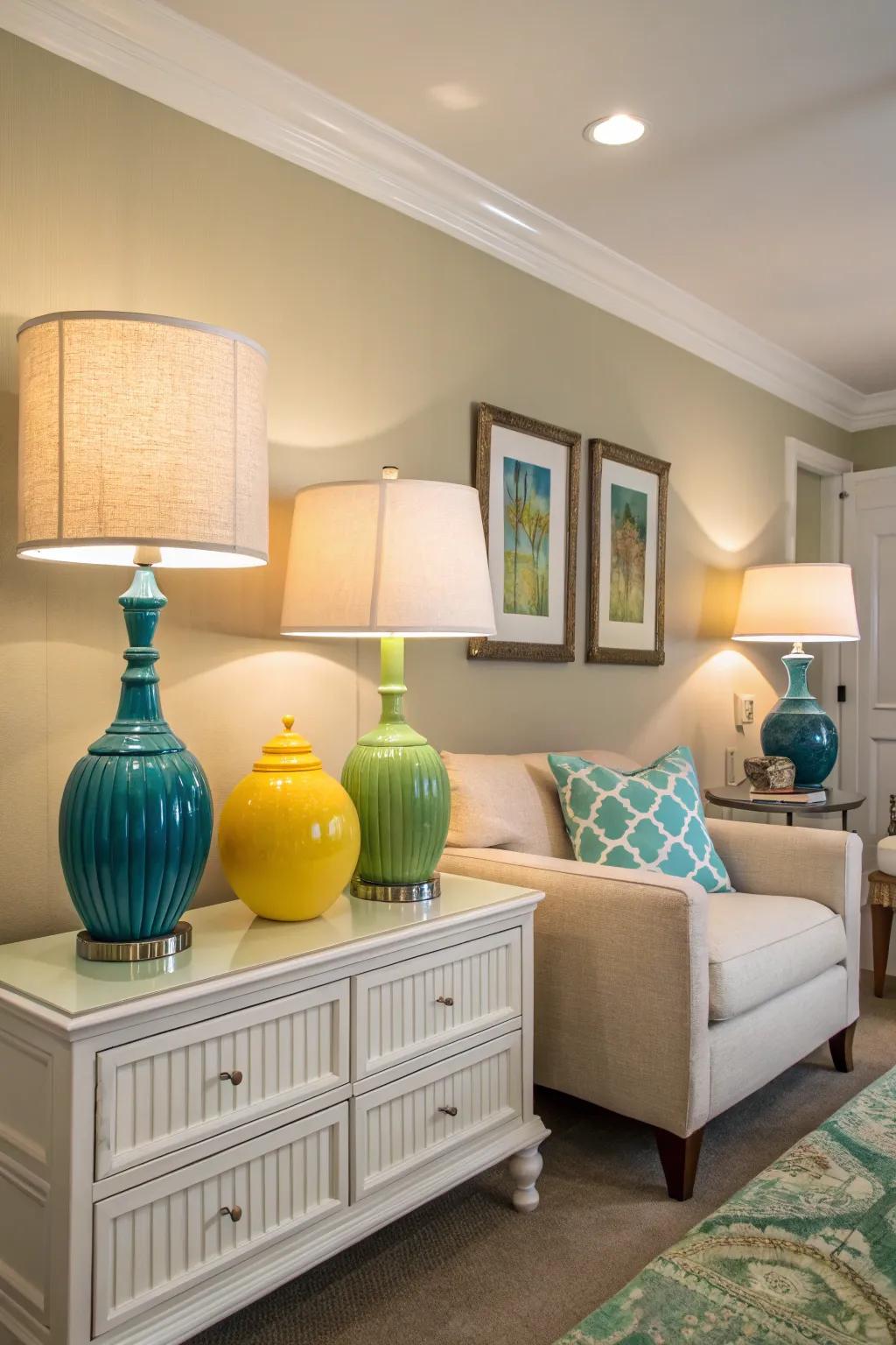Vivid lamps introduce an energetic accent to a neutral room.