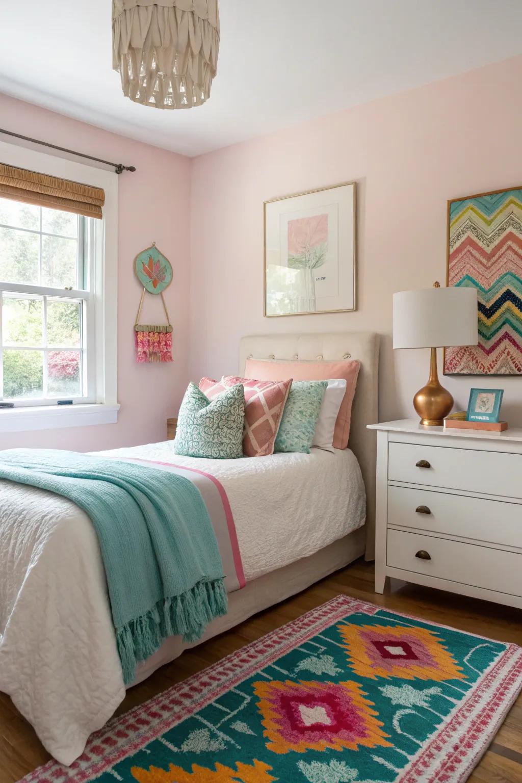 A subtle color scheme featuring bold highlights enriches the depth of a modest bedroom.