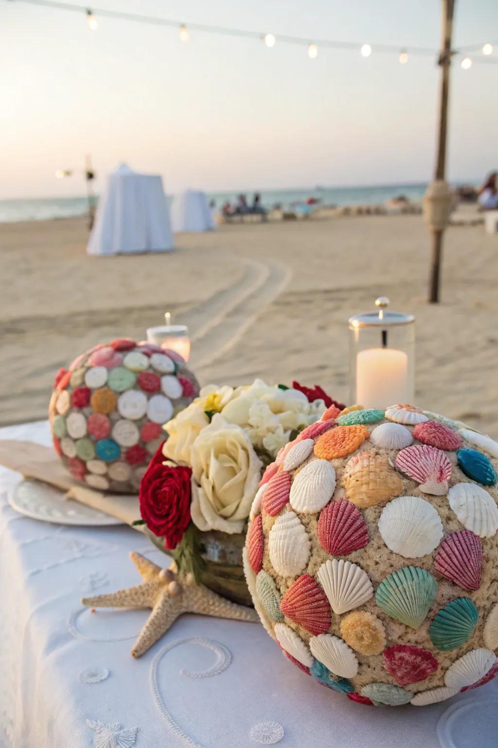 Shell-covered spheres bringing a coastal vibe