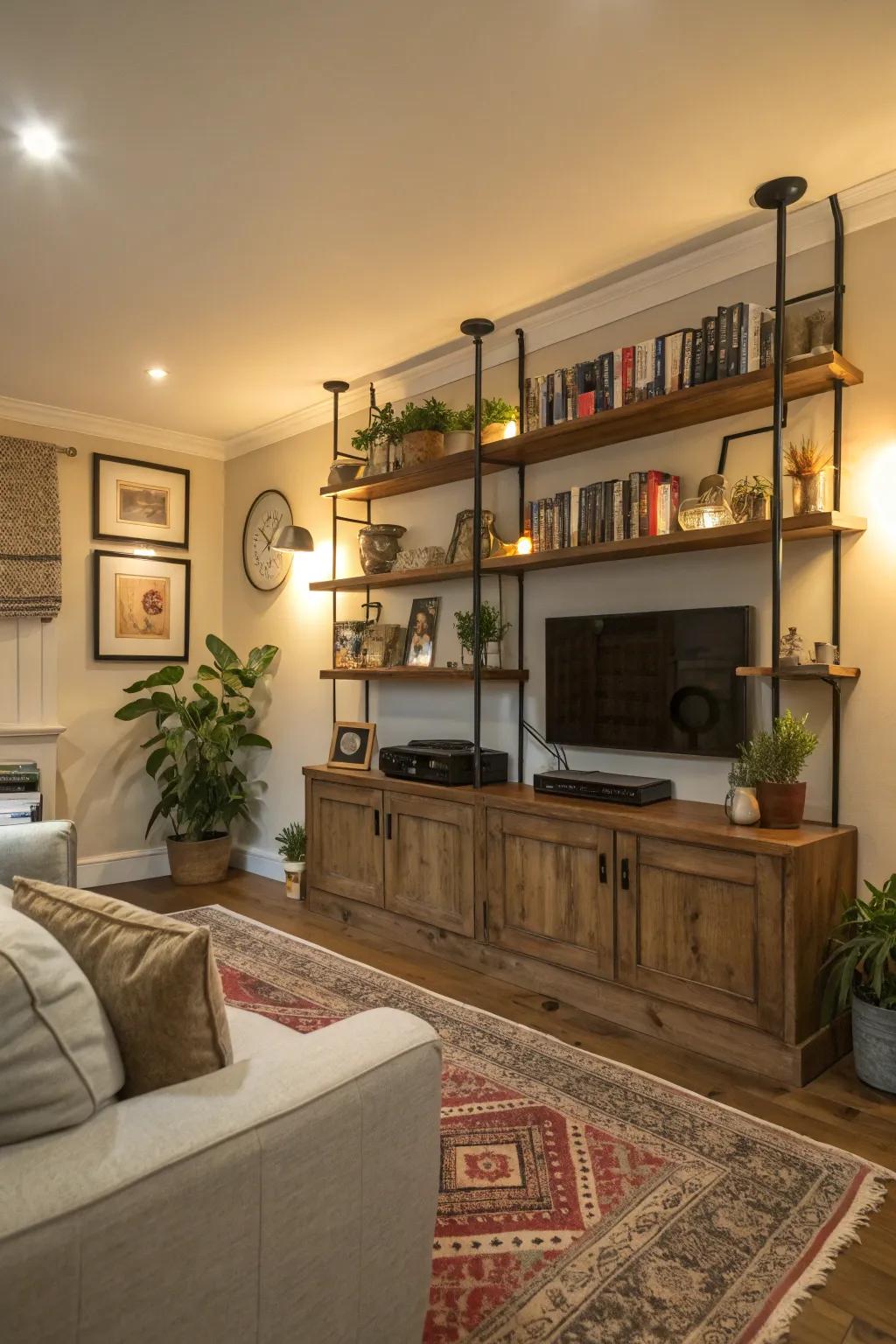 Functional shelves hiding pipes.