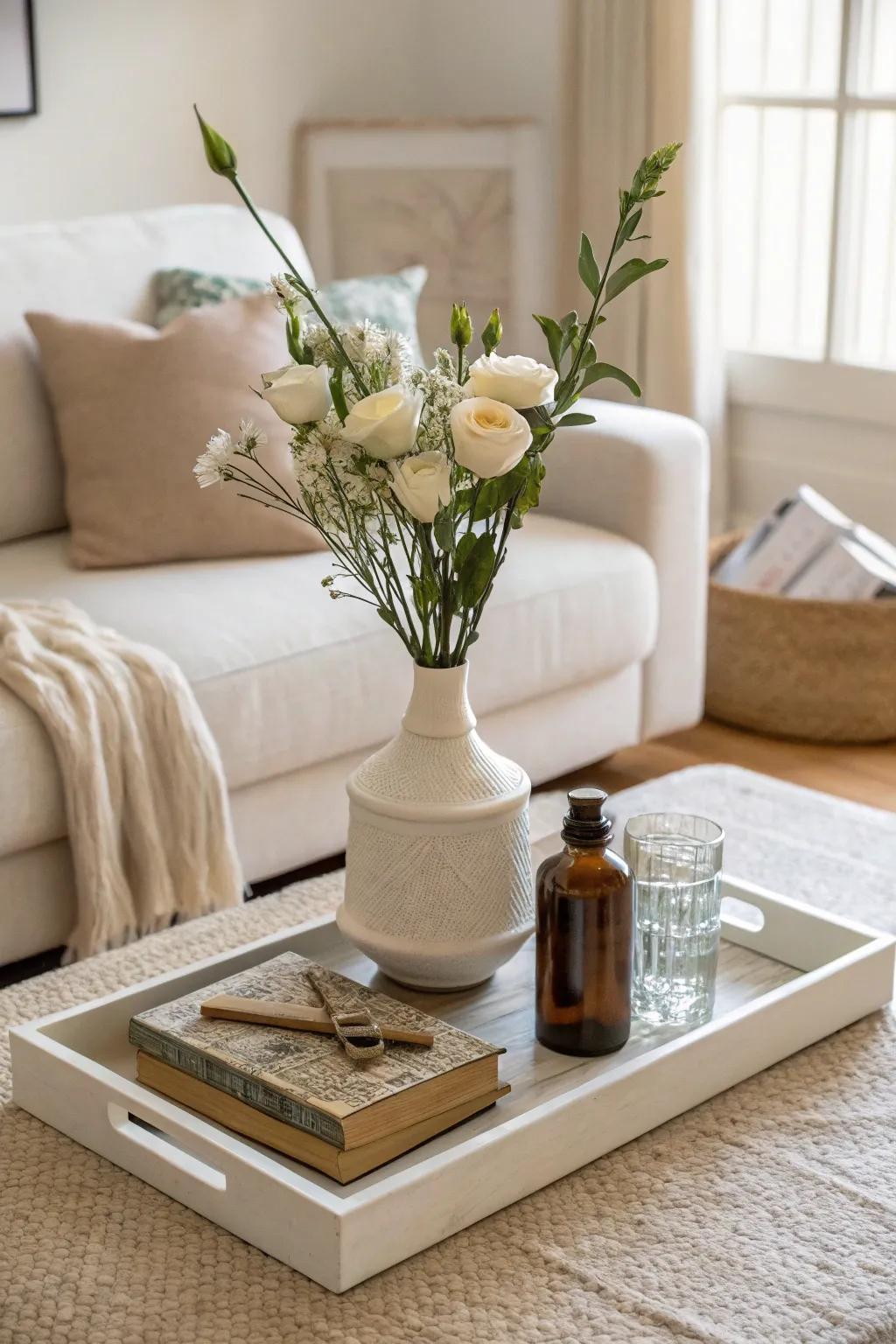 Minimalism perfected with a few essential objects on a display piece.